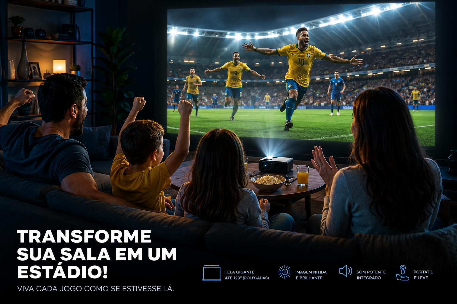 Família feliz reunida assistindo futebol em uma tela gigante projetada na parede pelo mini projetor CineCopa